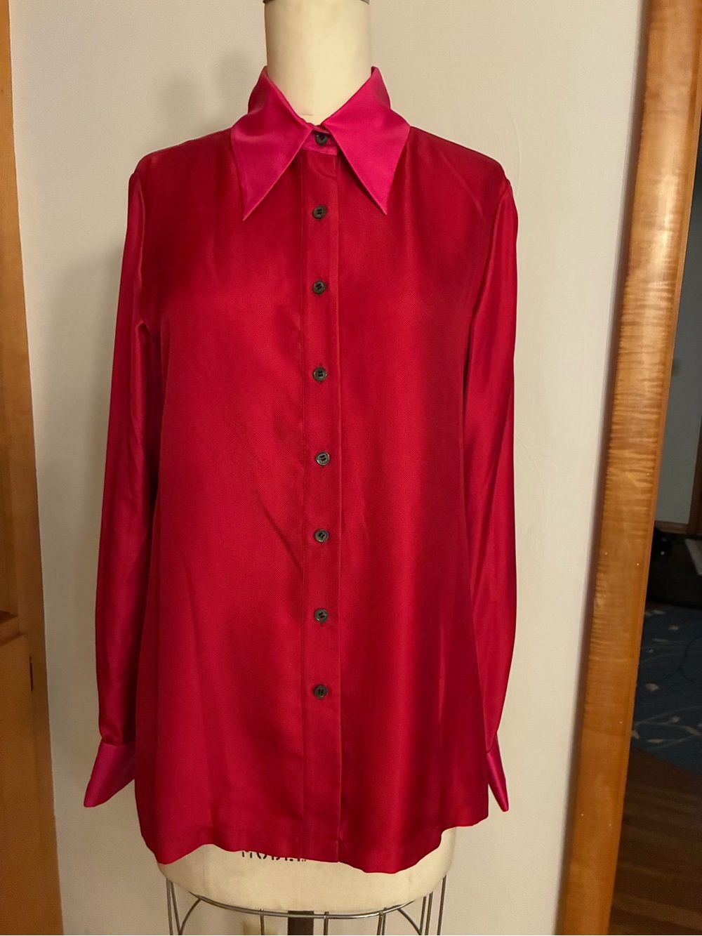 Loulou de la Falaise Cherry Red & Deep Fuchsia Textured “Boyfriend” Button Down